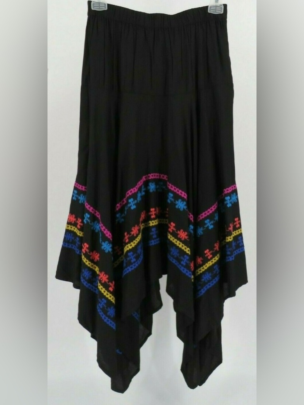 Hazel Brand Handkerchief Skirt Size L Black with multicolored embroidered hem